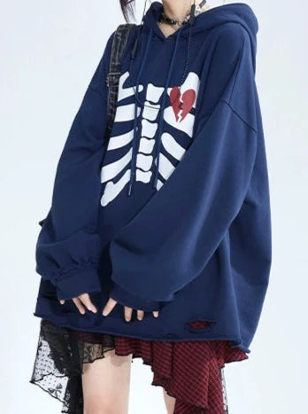 Skull Love Print Hooded Sweatshirt Oversized Pullover