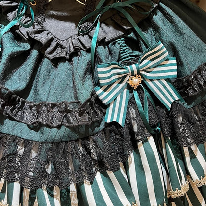 [Pre-order Deadline: May 20] Magical Girl Lolita Elegant Lace Puff Sleeve Shirt + Black x Green Ribbon Corset Tiered Dress + Mini Hat
