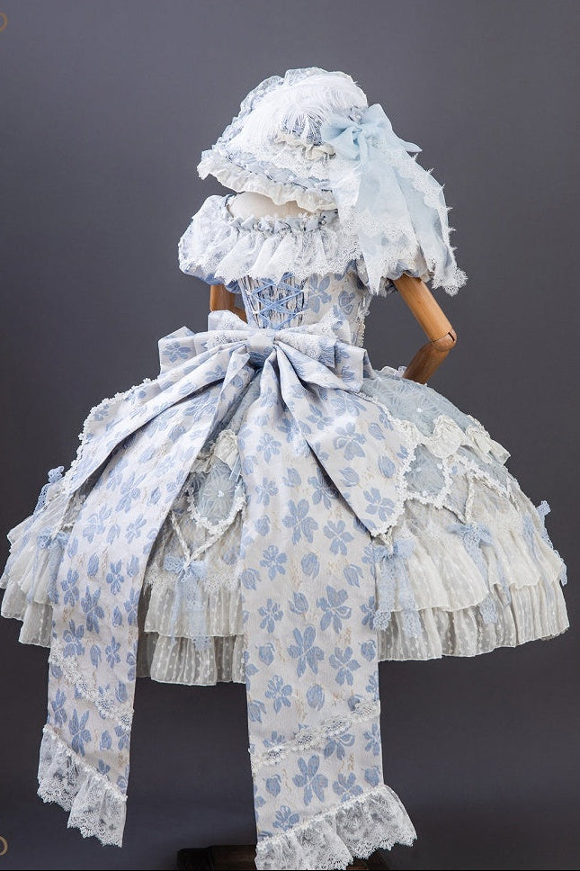 【9月10日予約締切】Pink/Blue Rococo Fantasy Puff Sleeve Ribbon Tiered Princess Lolita Dress Bridal＋Full set[Op Dress + Feather Hat + Choker + Back Ribbon Train + Lace Gloves]