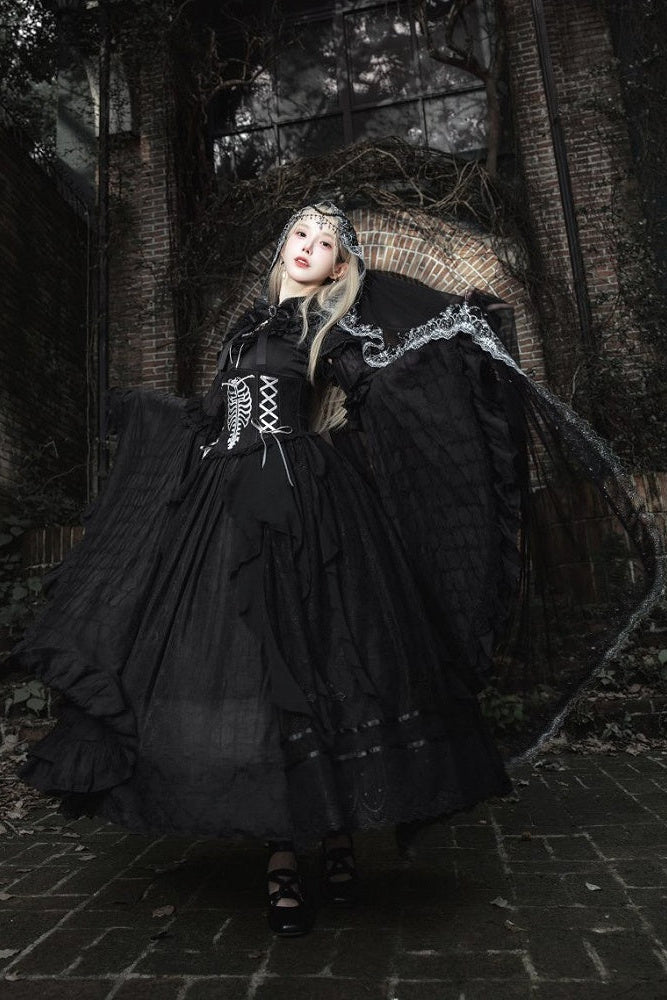 【11月2日予約締切】Born Nocturne Black Gothic Puff Sleeve Lace Layered Long Dress (with Bow Tie) + Embroidered Corset Belt + Detachable Oversized Bell Sleeves