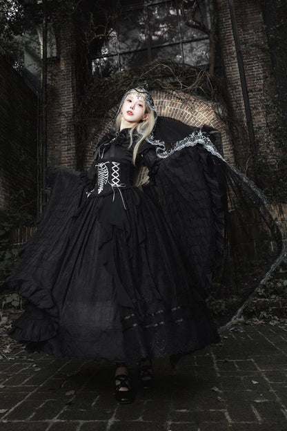 【11月2日予約締切】Born Nocturne Black Gothic Puff Sleeve Lace Layered Long Dress (with Bow Tie) + Embroidered Corset Belt + Detachable Oversized Bell Sleeves