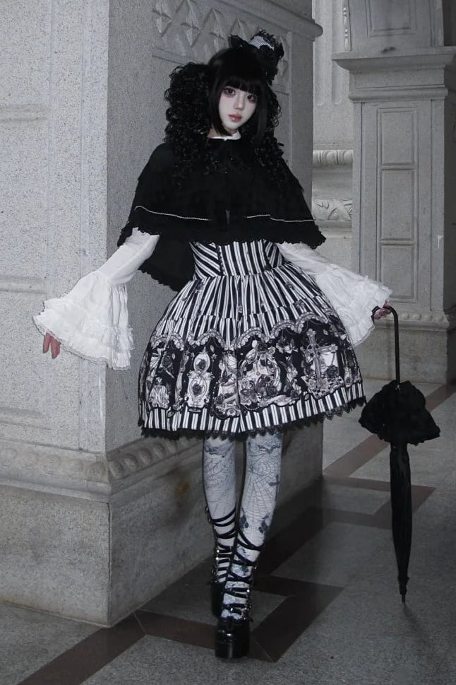 【10月3日予約締切】Black White Striped Gothic Rose Print JKS Dress(Short/Long)+ Low-Waist Square Neck Lace-Up JKS Dress