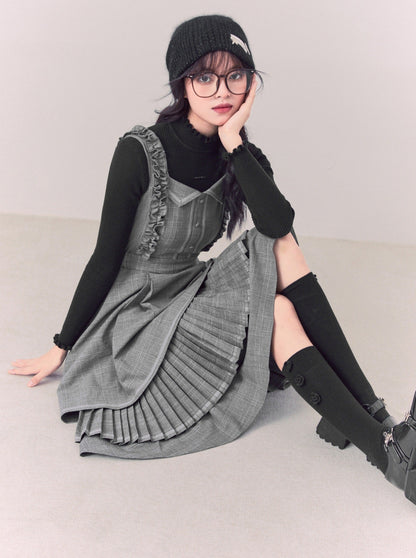 Layered Check Ruffle Suspender Skirt