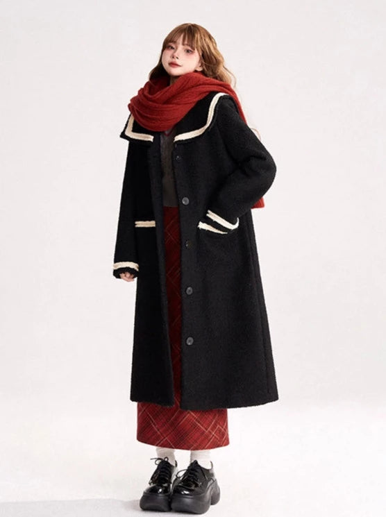 Black Contrast Sailor Collar Loose Long Wool Coat