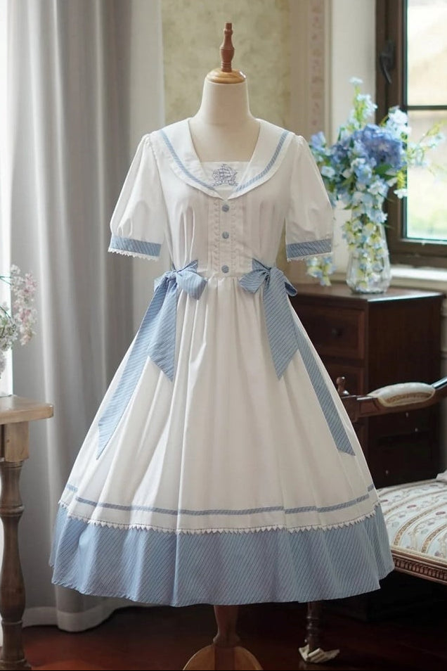[Reservierungsschluss 28. Juni] 5 Farben/Sailor-Lolita-Streifenkleid mit Schleife und Puffärmeln