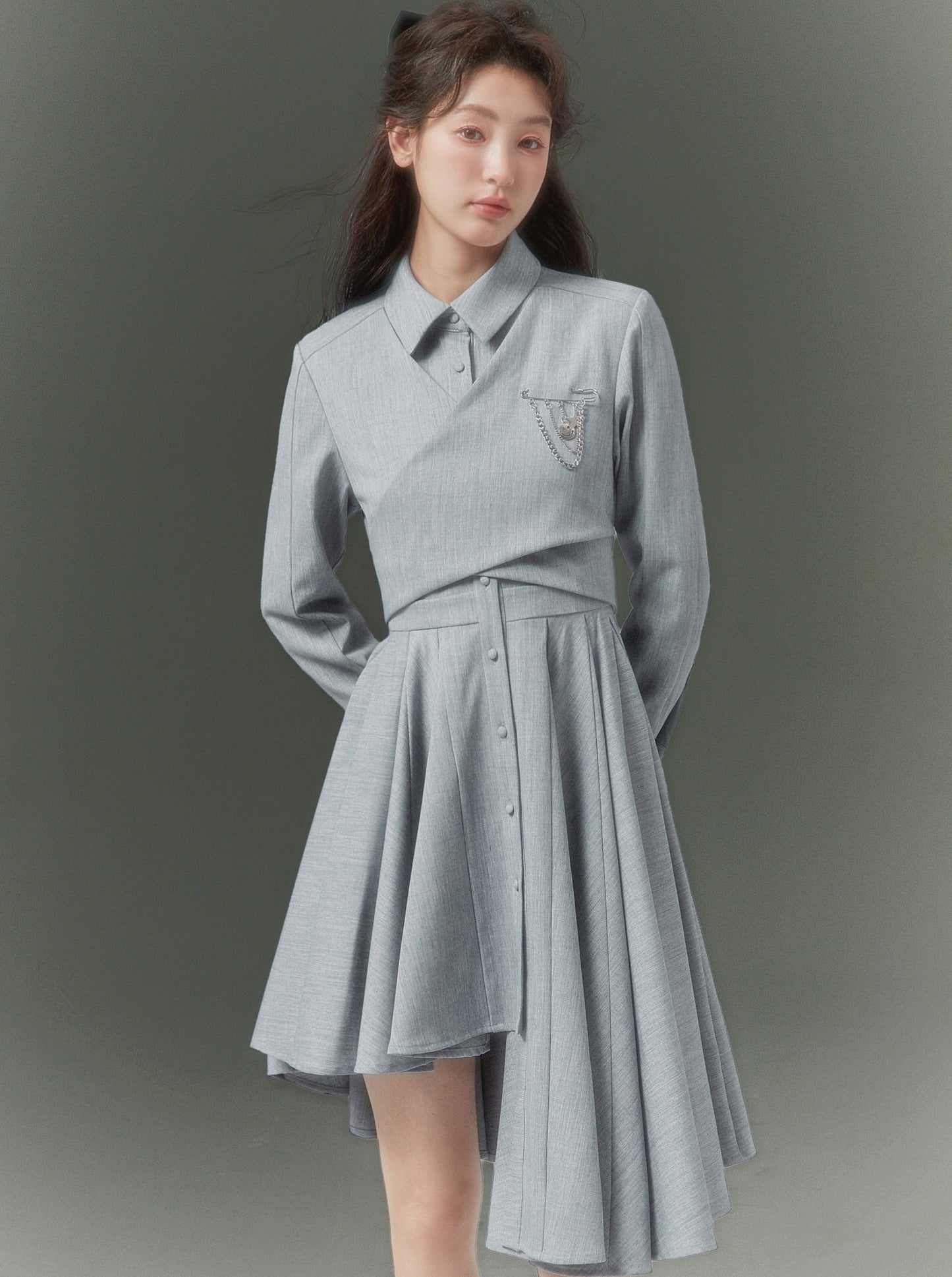 Asymmetrical Pleats College French Dress