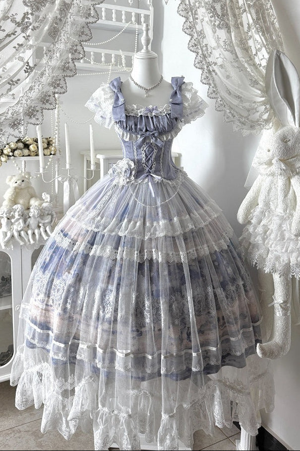 [Reservierungsschluss 3. August] Snow on the Seine River elegantes Lolita-Set mit Schleifen-Rüschen-Korsett-Bustier+langem Rock mit Kunstdruck+langem Tüll-Überrock
