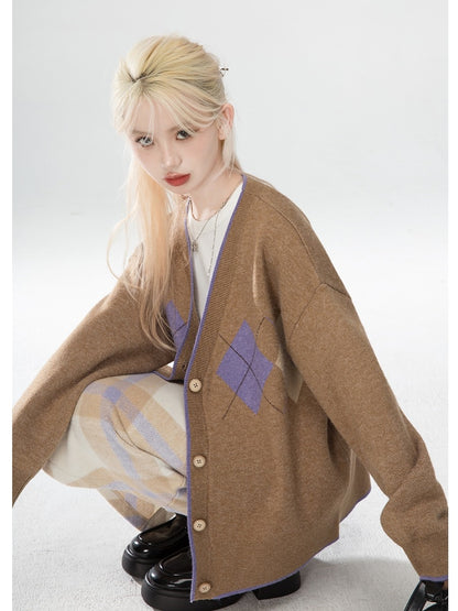 Brownie Camel Retro Loose Sweater V-Neck Cardigan