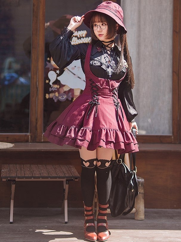 【12月29日予約締切】ゴシックロリータダークカラーストライプバッククロスフリルサスドレス