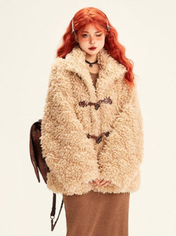 Plush lapel horn button velvet boa jacket