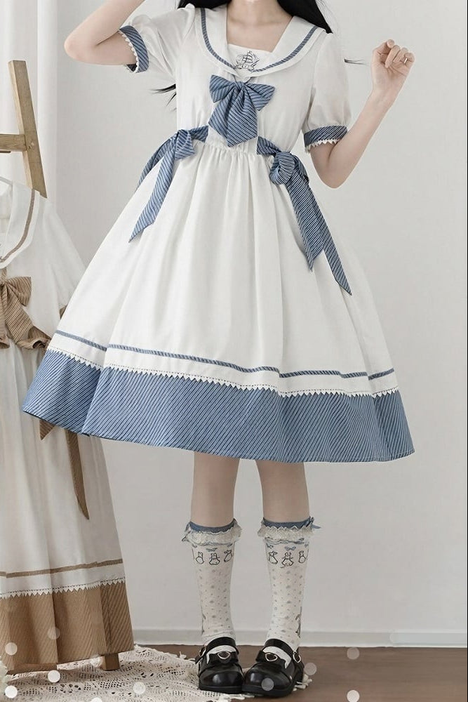 [Reservierungsschluss 28. Juni] 5 Farben/Sailor-Lolita-Streifenkleid mit Schleife und Puffärmeln