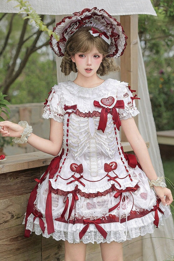 【11月4日予約締切】Strawberry Print Sweet Lolita Lace Bow JSK Dress + Puff Sleeve Lace Bow Doll Dress with Bone Embroidery Apron