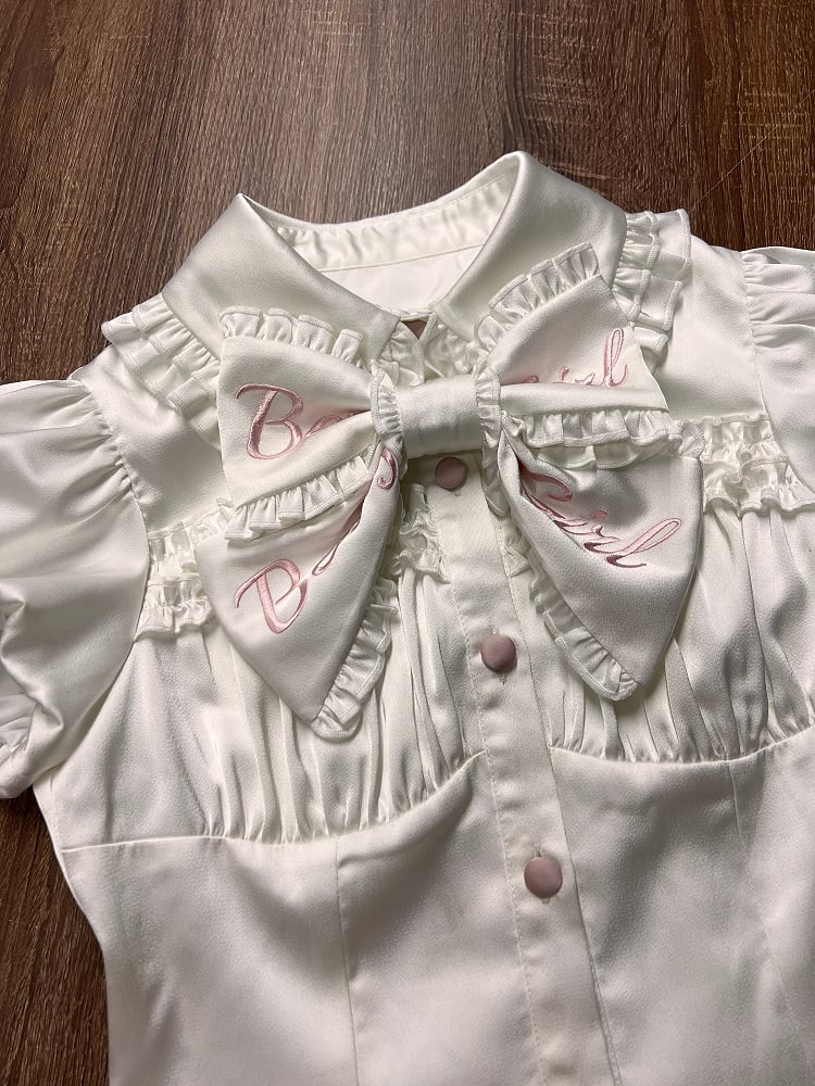 【5月12日予約締切】ピンクホワイトスイートロリータアイドルリボンパフスリーブシャツ＋コルセットチュールプルアップJKSドレスセットアップ