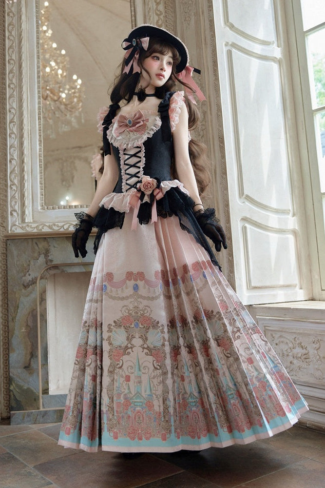 【10月10日予約締切】Black Pink Romantic Rose Castle Classic Lolita Series Accessories(Rose Ribbon Lace Hat + Ribbon Hair Clip)