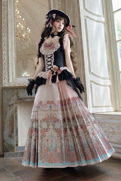 【10月10日予約締切】Black Pink Romantic Rose Castle Classic Lolita Series Accessories(Rose Ribbon Lace Hat + Ribbon Hair Clip)