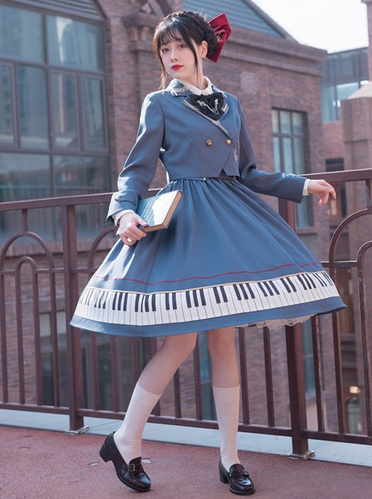エレガントピアノデザインサプペンダースカート＋ショートジャケット＋リボンネクタイ