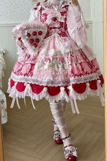 [Reservierungsschluss 26. Juni] Erdbeer-Sweet-Lolita-JKS-Kleid mit Spitze, Flatterärmeln, hochgezogenem Design und Tülllagen