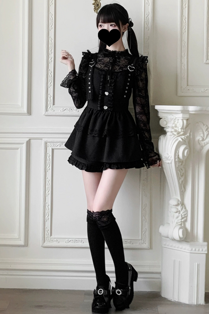 Pure suspender skirt+lace tops+frill pants