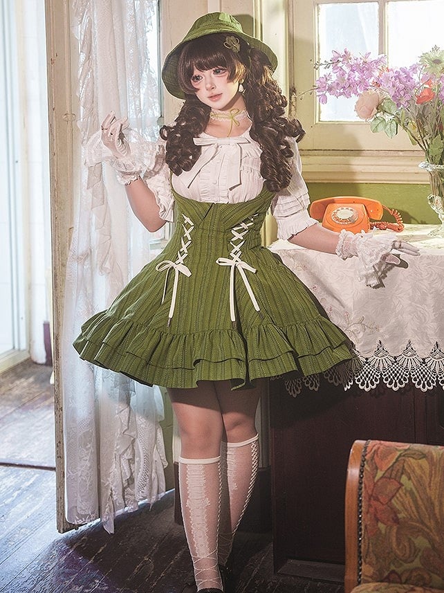 【12月29日予約締切】ゴシックロリータダークカラーストライプバッククロスフリルサスドレス