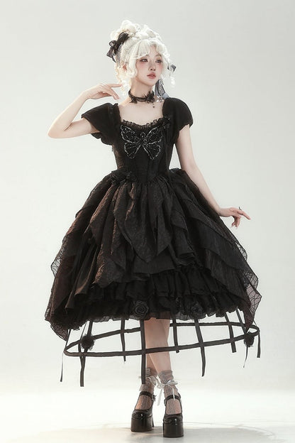 【10月28日予約締切】Black Butterfly Gothic Lolita Puff Sleeve Dress Top + Layered Ruffle Asymmetrical Hem Skirt Set (With Chest Brooch + Waist Brooch)