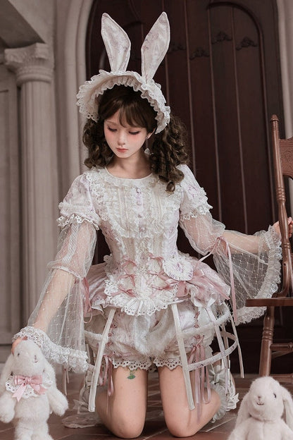 [Date limite de précommande : 6 octobre] Pink Castle Bunny ensemble poupée romantique avec haut corset à manches bouffantes en dentelle + short + surjupe à volants + surjupe cage à oiseaux Set 1/2/3