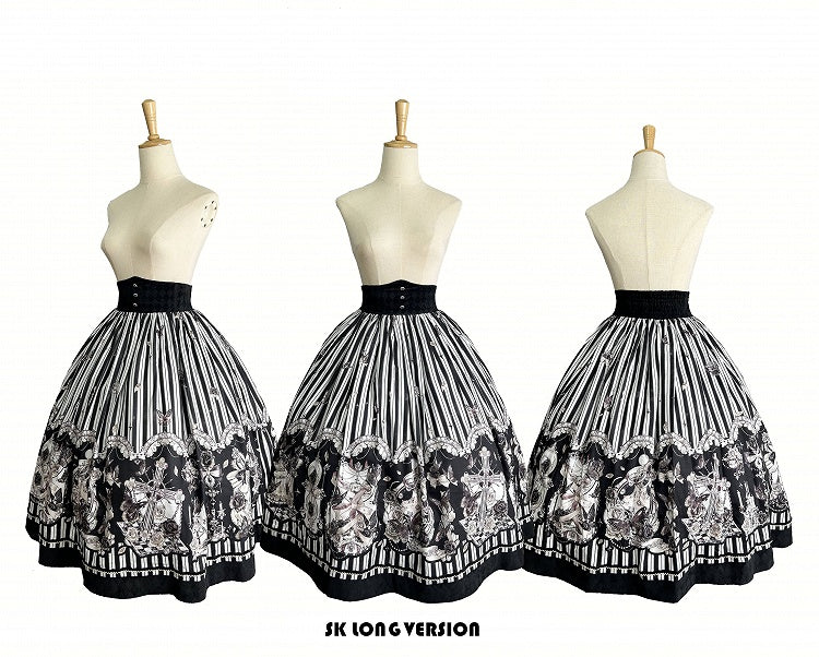 【10月3日予約締切】Black White Striped Gothic Rose Print Skirt(Short/Long)