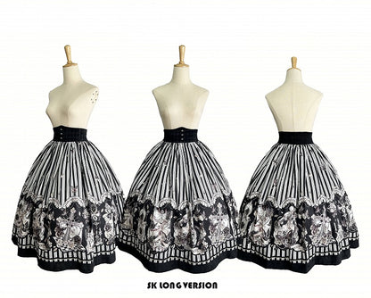【10月3日予約締切】Black White Striped Gothic Rose Print Skirt(Short/Long)