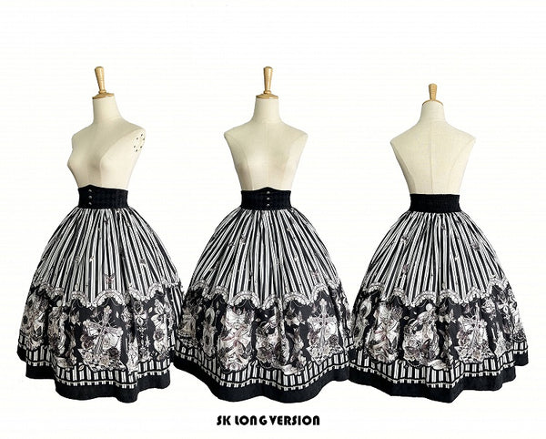 【10月3日予約締切】Black White Striped Gothic Rose Print Skirt(Short/Long)