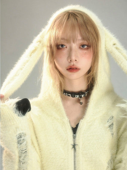 Bunny-Ear Hooded Ripped Shaggy Fur Knit Cardigan