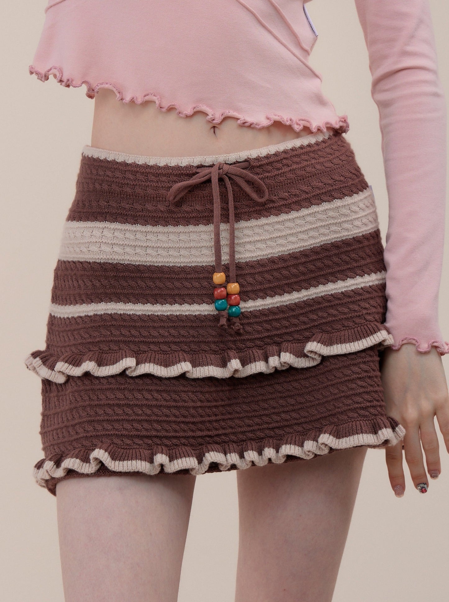American Retro High Waist Slim A-Line Brown Striped Wool Knit Skirt