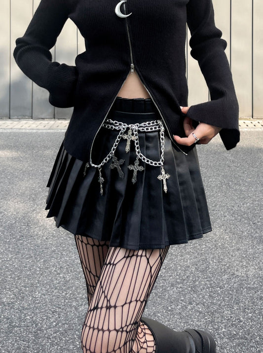 Punk Rock Black Leather Chain Pants In Pleated Skirt