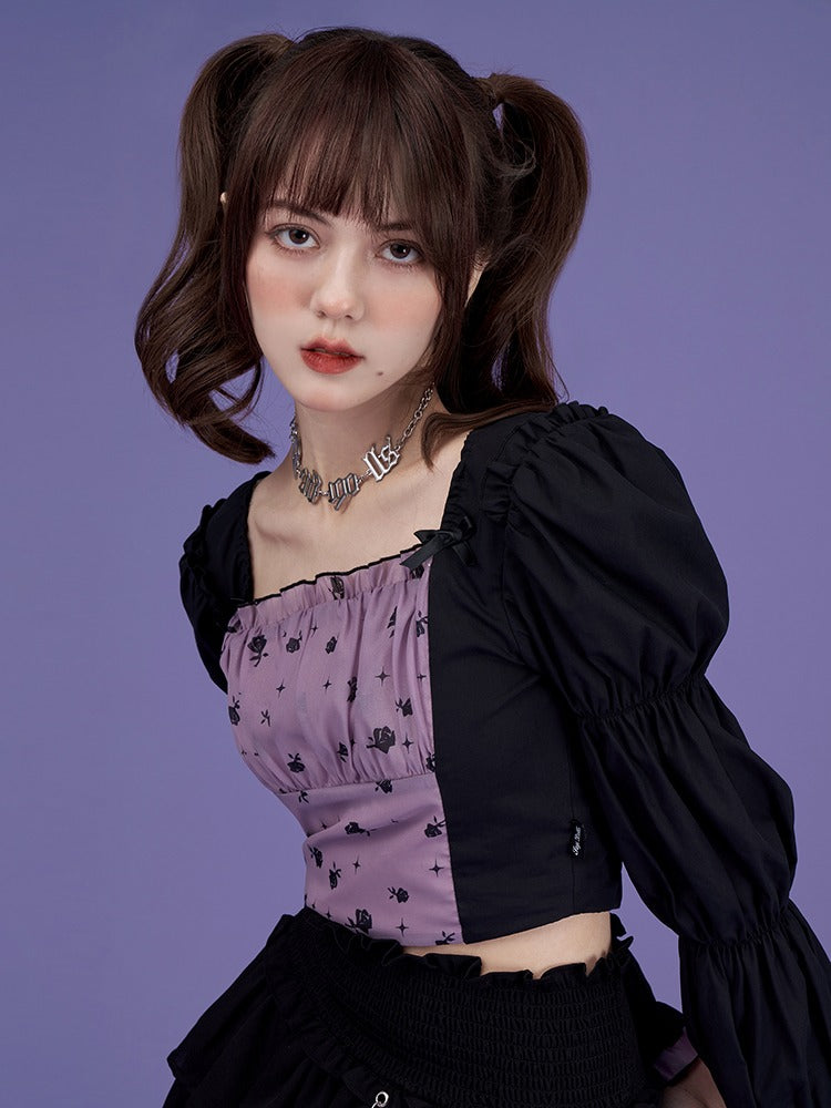 Rose Shadow Print Bubble Sleeve Square Collar Top