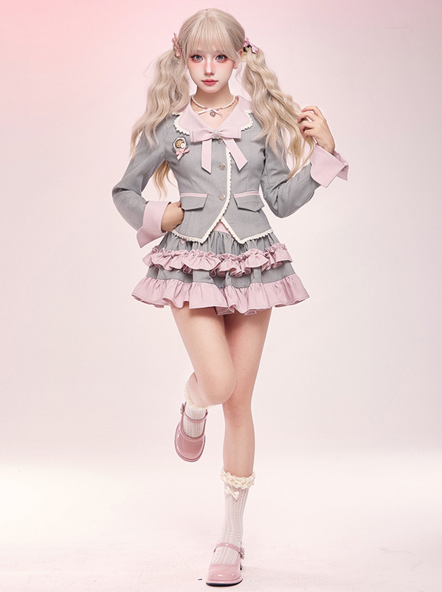 Gray-Pink College Jacket + Ruffle Short Skirt