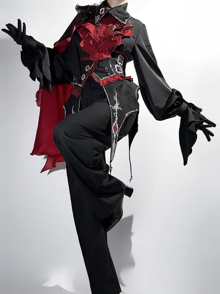 【10月8日予約締切】Ouji Fashion Black Red Gothic Ruffle Prince Lolita Full Set(Jewel Chain Ruffle Jabot Shirt + Rose Accessory Gothic Embroidered Corset Belt + Black Wide-Leg Pants + Rose Beaded One-Shoulder Cape)