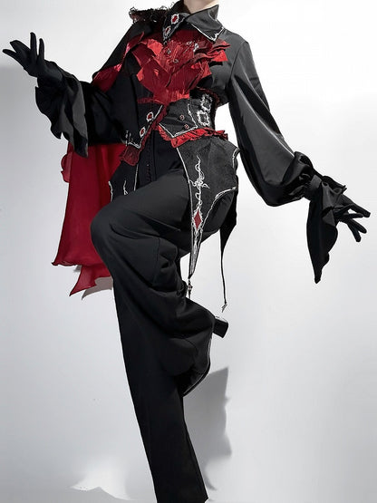 【10月8日予約締切】Ouji Fashion Black Red Gothic Ruffle Prince Lolita Full Set(Jewel Chain Ruffle Jabot Shirt + Rose Accessory Gothic Embroidered Corset Belt + Black Wide-Leg Pants + Rose Beaded One-Shoulder Cape)