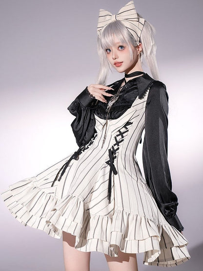 【12月29日予約締切】ゴシックロリータストライプバッククロスフリルサスドレス