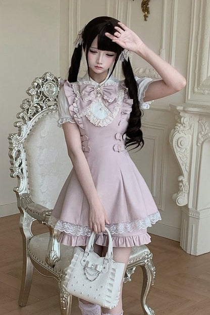 【7月15日予約締切】ピンクホワイトスイートリボンレースフリルパフスリーブドレス＋ショートパンツセットアップ
