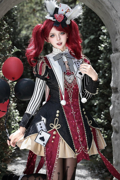 【8月11日予約締切】ワインレッド×ブラック×ゴールドゴシックサーカスファンタジークラウンスリーブドレス（カードモチーフ・バックリボントレーン付）＋フルセット