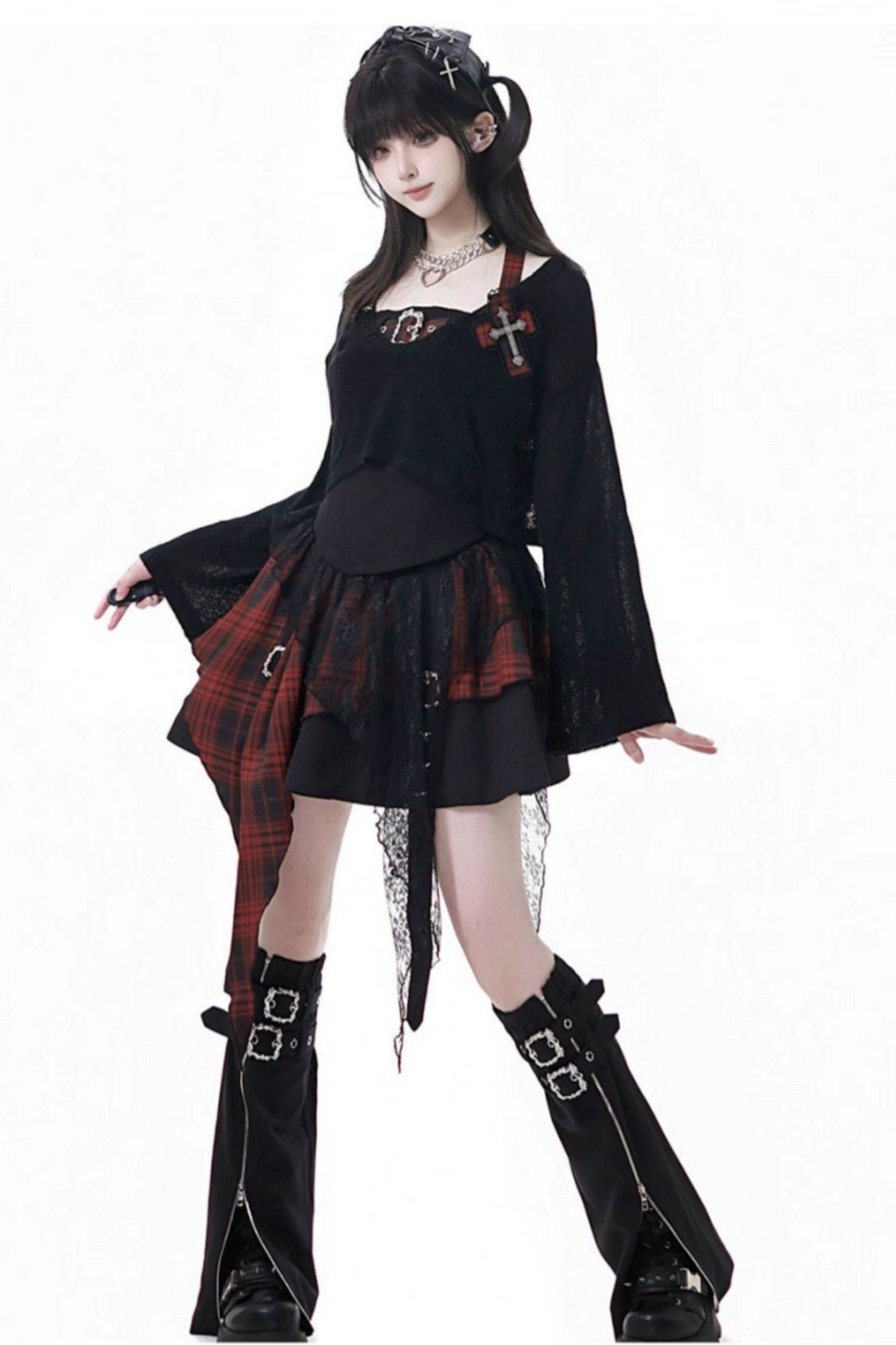 ホルターネックベスト+ルーズトップス+チェックスカート+レッグウォーマー