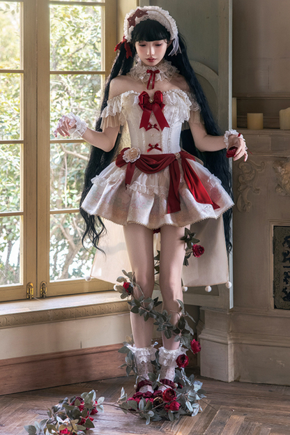 白雪プリンセスロリータドレス+ボンネット+レースチョーカー