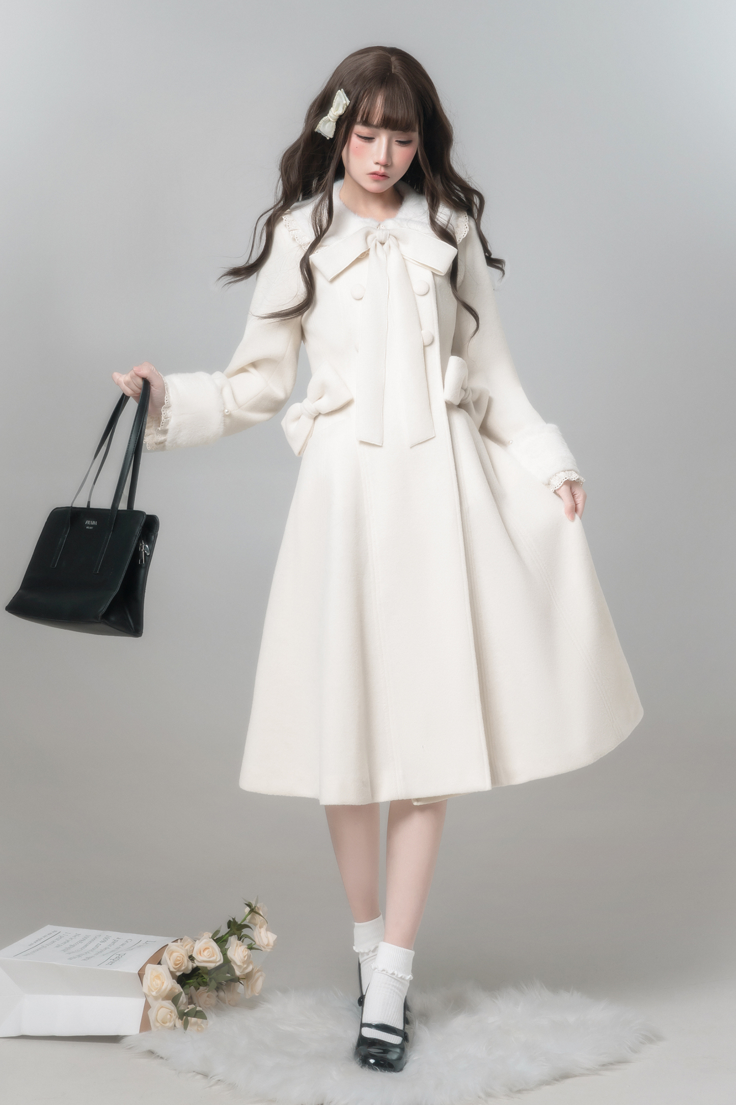 ホワイトスノーロングコート+シャツ+スカート