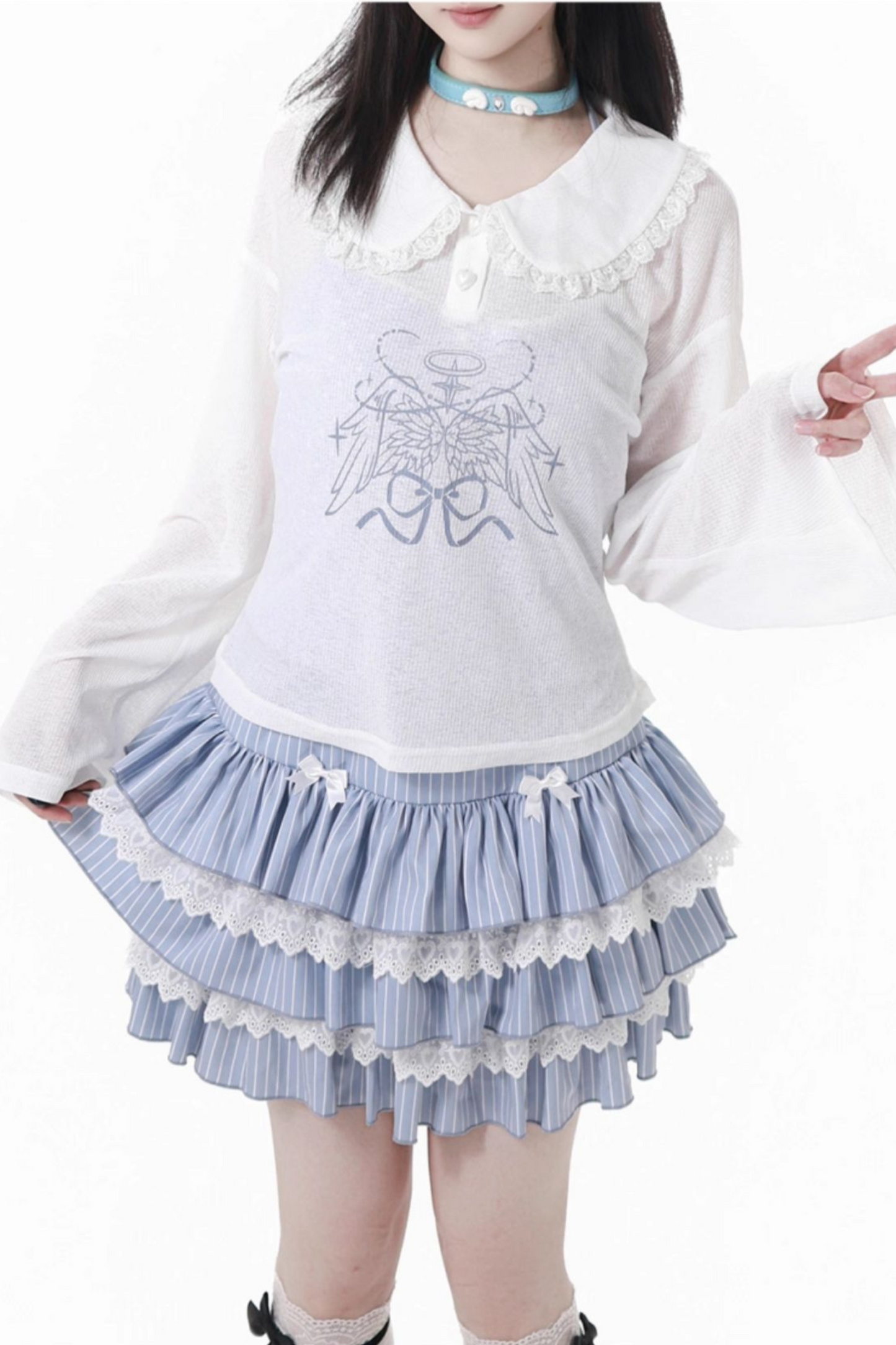 スモックサスペンダー+ドールカラートップス+ケーキスカート