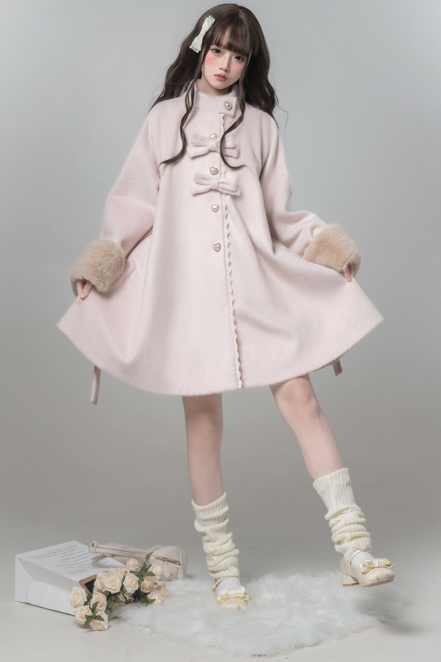 スイートガーリーリボンフレアコート+ファーカラー+シャツ+スカート+ベレー帽