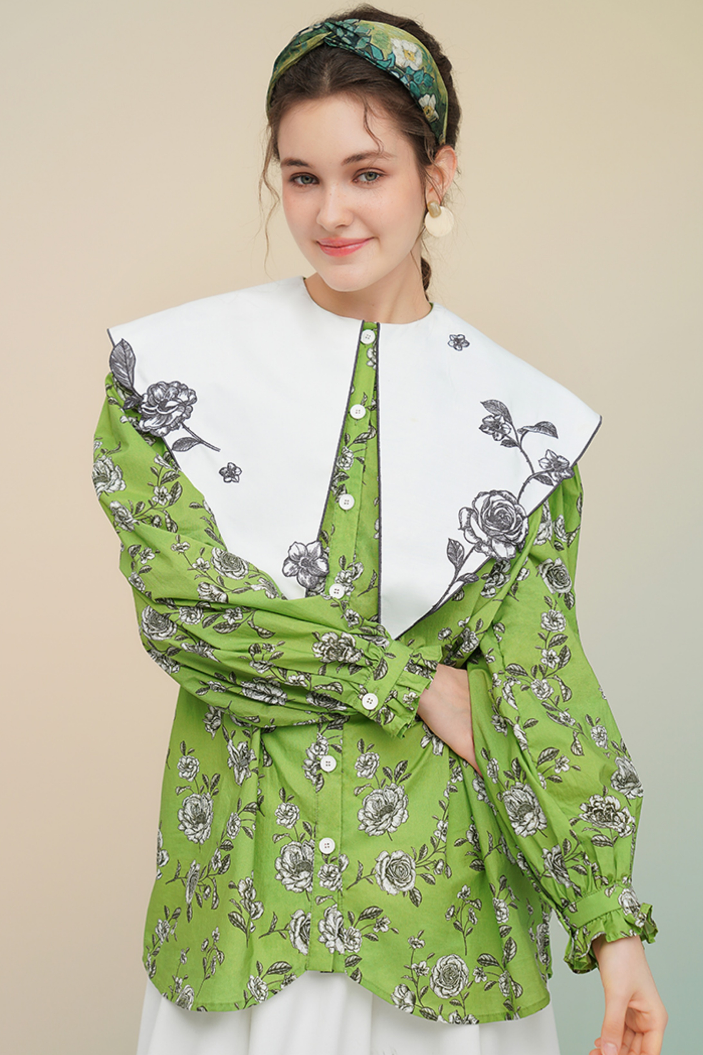 グリーンローズフレンチヴィンテージプリントシャツ