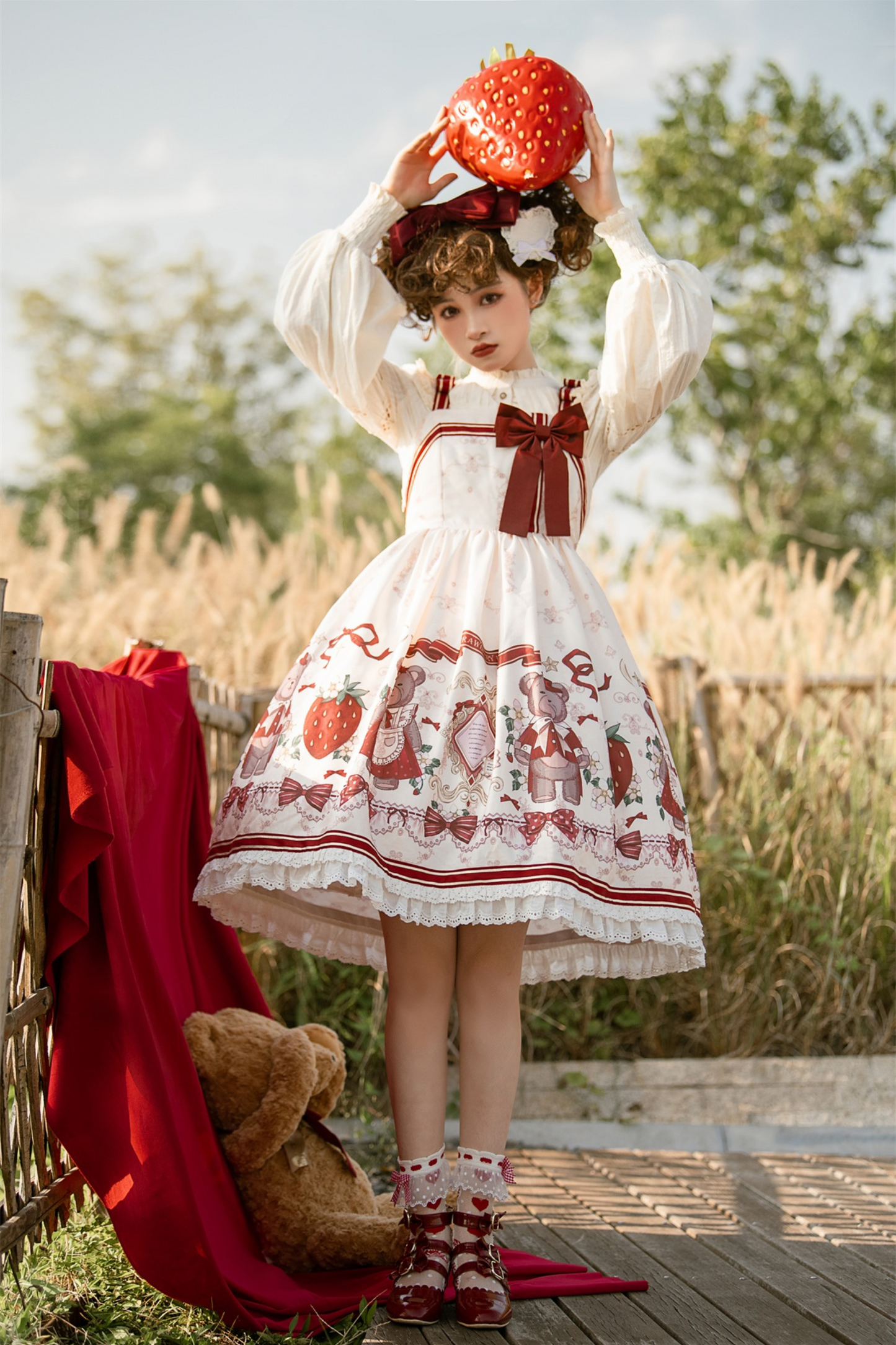 Bear Strawberry Doll Lolita Dress + Short Milk Jacket