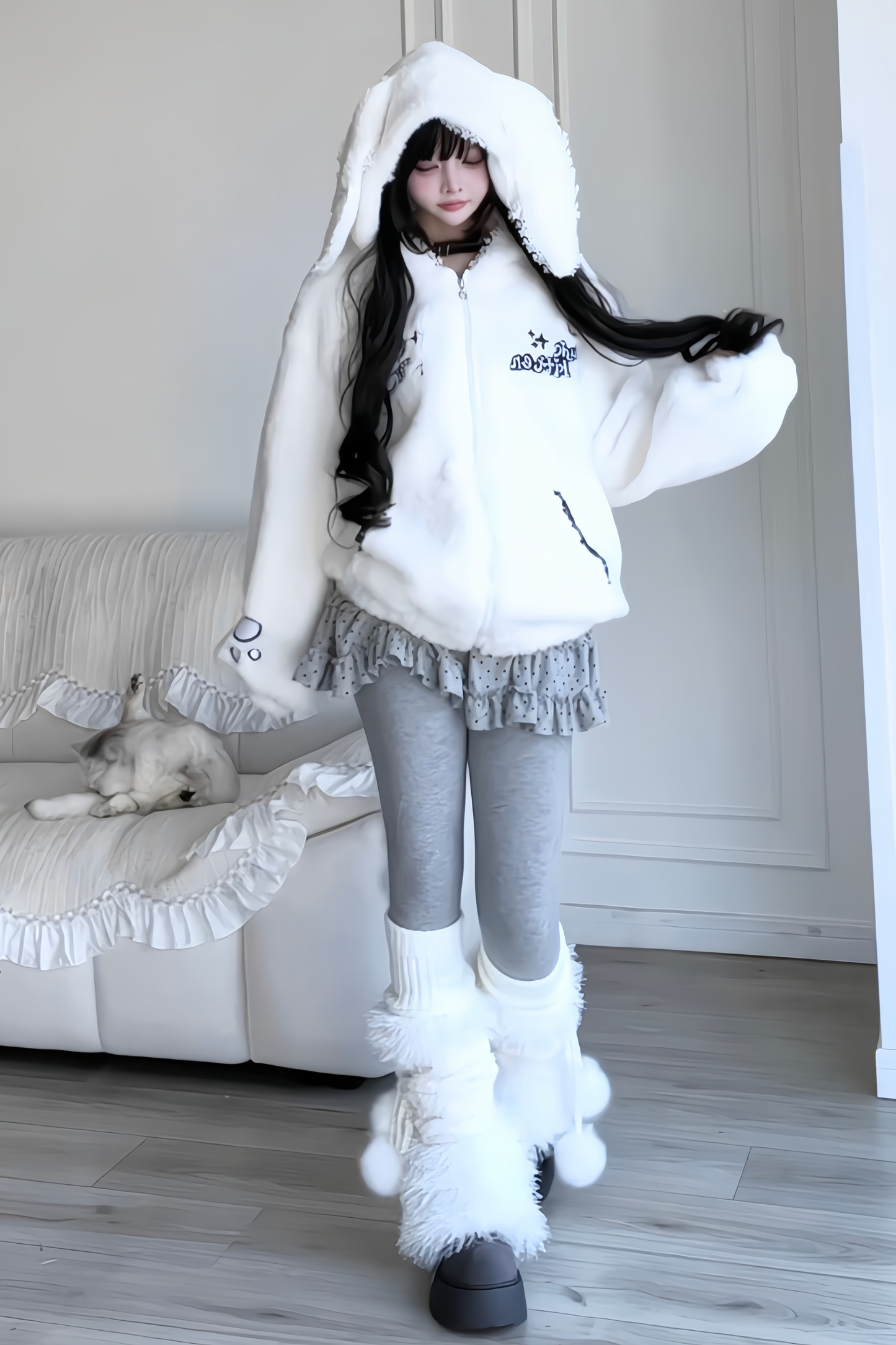 Rabbit Ear Fur Hooded Coat