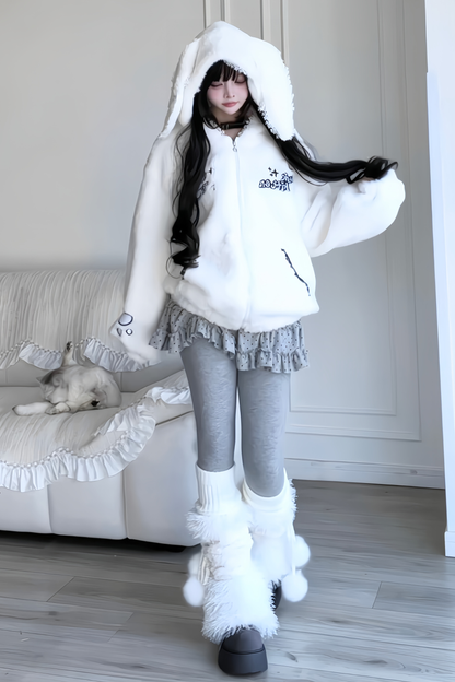 Rabbit Ear Fur Hooded Coat