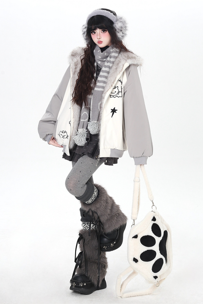 Cat Ear Bicolor Fur Jacket