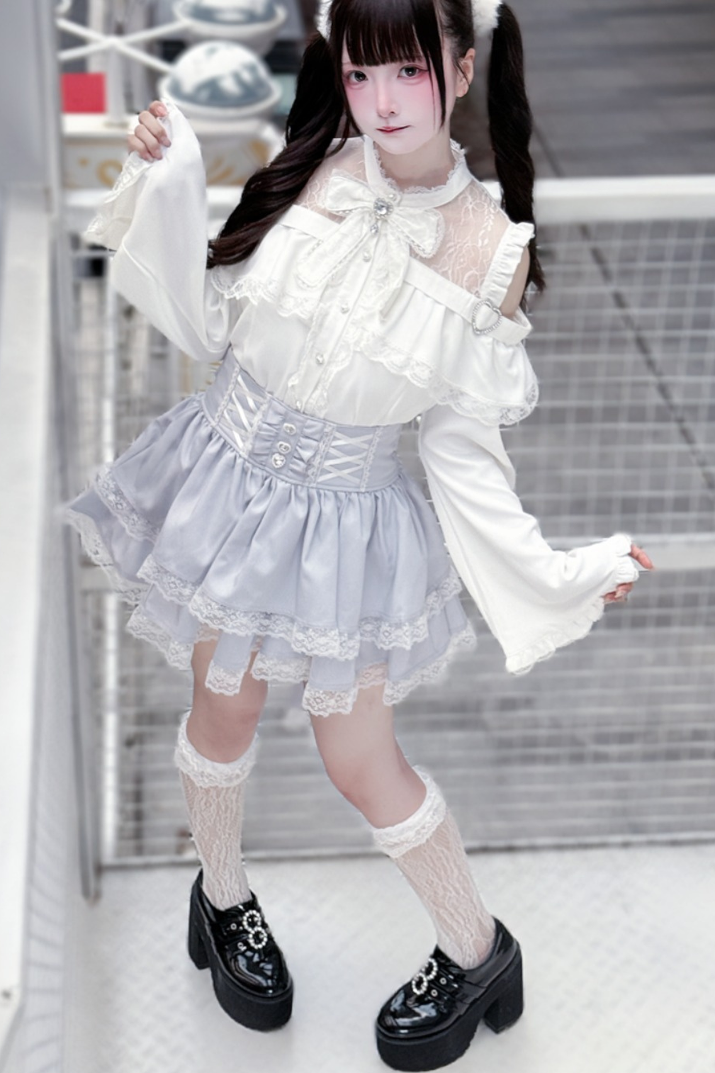 Lace off-the-shoulder shirt + lace-up skirt