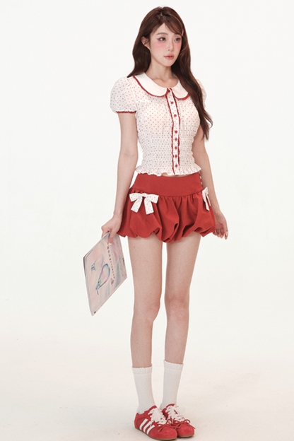 ドットパフスリーブドールシャツ+リボンバルーンスカートパンツ